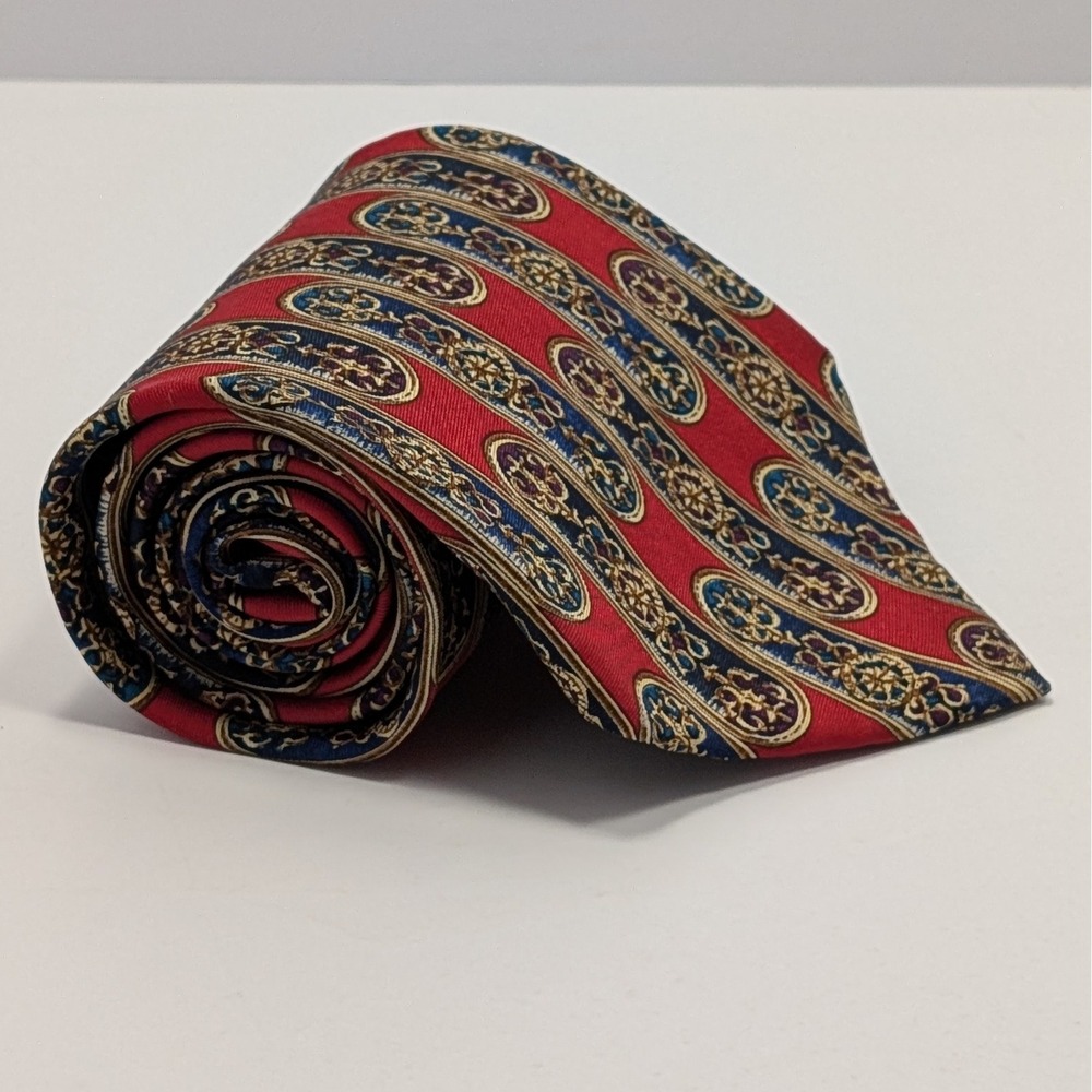 Christian Dior Cravate Silk Tie Red Blue Gold Scrollwork Medallion Renaissance